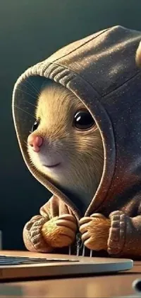 Get mesmerized by this adorable phone live wallpaper - featuring a hoodie-wearing mouse sitting in front of a laptop