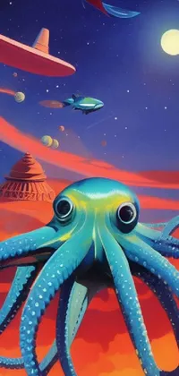 This live wallpaper showcases an enchanting painting of an octopus and a spaceship in the background that's tailored to science fiction and fantasy enthusiasts
