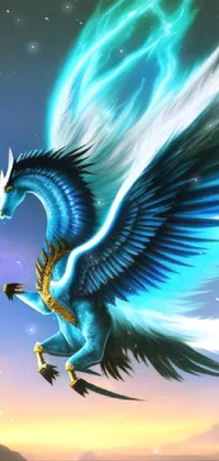 Adorn your phone screen with dazzling digital art! This live wallpaper features a magnificent blue and white dragon in flight, with radiant neon wings illuminating the sky