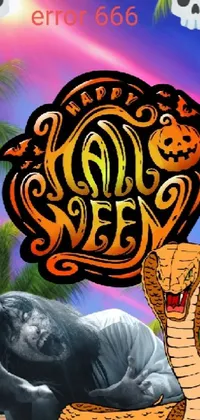 This phone live wallpaper is perfect for anyone who loves snakes and Halloween! The design features a striking image of a snake with intricate details, holding a jack-o-lantern against a backdrop of a skull and a tropical palm tree