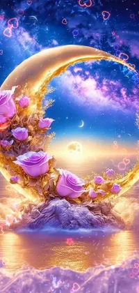 Embrace the mystical beauty of this phone live wallpaper featuring a hand-drawn moon adorned with intricate floral patterns in gold and purple