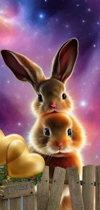 This live wallpaper showcases a lovely furry art of rabbits standing side by side against a stunning galaxy background
