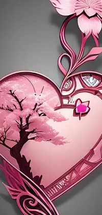 This mobile live wallpaper showcases an adorable and intricate pink heart with a tree inside, created in vector art