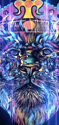 This live phone wallpaper exhibits a striking digital rendering of a lion donning a majestic crown on its head, set against a flat black background