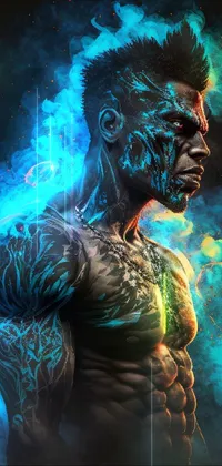 This striking live phone wallpaper features a close-up of a heavily-tattooed person with an impressive physique, bursting through a brilliant blue fire