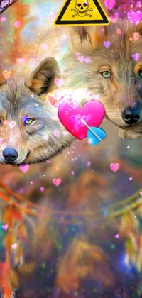 This dynamic phone wallpaper features a vibrant airbrush painting of two wolves sitting together, surrounded by psychedelic art, feathered arrows, and heart effects