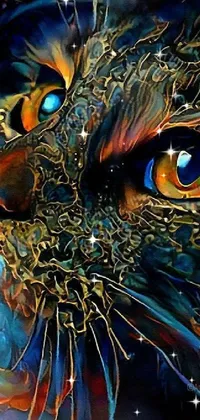 This mesmerizing live wallpaper features a detailed painting of a cat with stunning copper wire whiskers