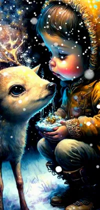 This live wallpaper for your phone features an airbrush painting of a child feeding a deer in a snow-laden forest