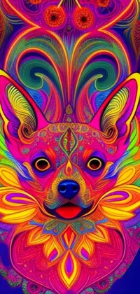 This mobile wallpaper boasts vector art of a stylized dog against a black backdrop, featuring a colorful psychedelic theme
