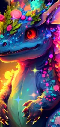 Enhance the look of your phone with this lively wallpaper! Featuring a delightful dragon with a colorful and flowery headpiece, this fantasy art will add a touch of magic to your device
