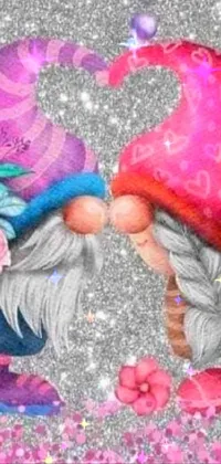 This live wallpaper features two gnomes standing together with a colorful floral background