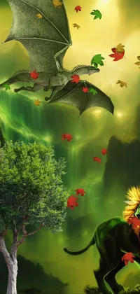 This stunning live phone wallpaper features a majestic lion on a lush green hillside, surrounded by enchanting gold waterfalls and a mystical green mist