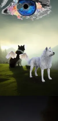This phone live wallpaper features two dogs standing on a lush green field with real wings