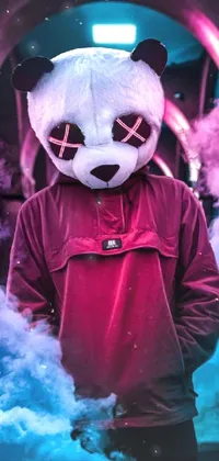 This live wallpaper features a unique and eye-catching design, showcasing a person wearing a panda mask emitting smoke from their mouth