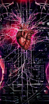 This phone live wallpaper features a cyberpunk art depiction of a person's torso, with wires arranged in the shape of a heart