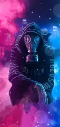 This is a captivating cyberpunk phone live wallpaper featuring a man in a gas mask surrounded by dense smoke