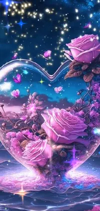 This romantic phone live wallpaper features a heart-shaped glass filled with pink roses in a digital rendering