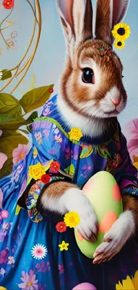 This charming live phone wallpaper depicts an intricately painted bunny dressed in an adorable blue floral dress amidst a colorful garden of tulips, daisies, and cherry blossoms