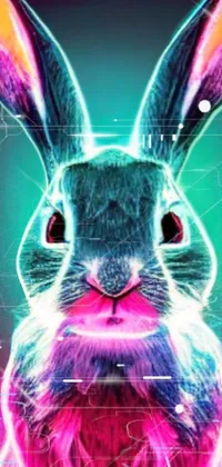 Looking for a unique and eye-catching live wallpaper for your phone? Check out this stunning neon rabbit design! Depicted in a digital rendering style, this furry art image shows a bunny sitting upright on its hind legs