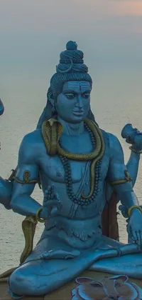 This phone live wallpaper displays a stunning statue of God Shiva, situated on top of a hill at the ocean's edge