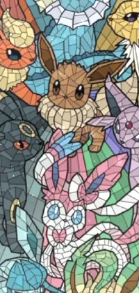 This phone live wallpaper showcases a colorful mosaic of Pokemon characters arranged in a stained-glass pattern