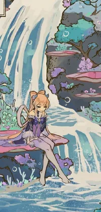 This phone live wallpaper boasts a captivating hand-drawn image of a young girl standing before a majestic waterfall, set against a fairytale-style background