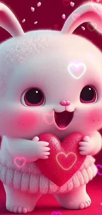 This adorable live wallpaper for your phone features a cute cartoon bunny holding a heart on a vibrant red background