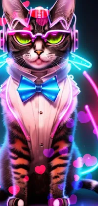 This live phone wallpaper shows a cat sporting headphones and a bow tie