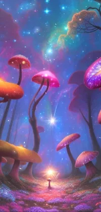 This live wallpaper features a magical field of mushrooms as the central theme