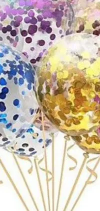 This phone live wallpaper features a vibrant burst of colorful balloons with confetti dots