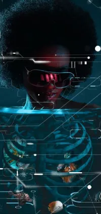 This live phone wallpaper showcases a futuristic female figure with an eerily intriguing skeleton and cutting-edge circuitry, created in the bold and elegant digital illustration style of tron