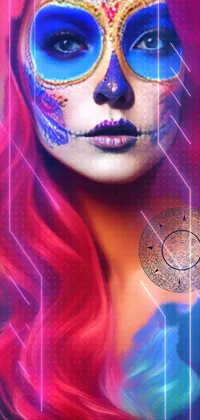 This lively live wallpaper features a stunning illustration of a woman with red hair and Day of the Dead makeup