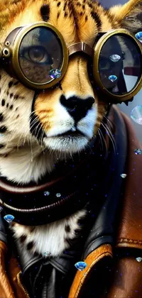 This dynamic phone live wallpaper showcases a cheetah wearing goggles and a leather jacket, giving off a cool and adventurous vibe