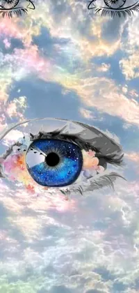 This live wallpaper captures a stunning close-up view of an eye, nestled amidst dreamlike clouds in a surrealist painting style