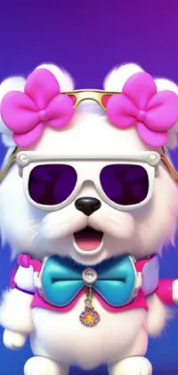 This playful live wallpaper features a white pooch sporting sunglasses and a bowtie, set against a vibrant, Lisa-Frank color scheme