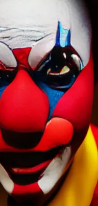 This phone live wallpaper features a spooky close-up of a clown wearing a hat