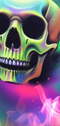 This phone live wallpaper boasts a remarkable airbrush painting of a skull on a colorful background, inspired by the 1980s