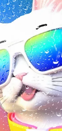 3d cat wearing shades sticking tounge out to lick rain Live Wallpaper
