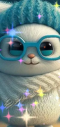 This phone live wallpaper shows a white rabbit wearing a blue knitted hat and glasses on an icey blue background with falling snowflakes