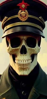 This phone live wallpaper features an eye-catching painting of a skull in a military uniform