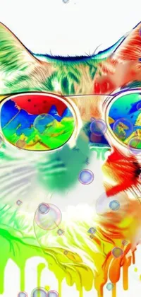 This phone live wallpaper features a colorful digital rendering of a cat wearing sunglasses