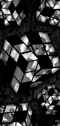This live phone wallpaper showcases a black and white photo of an abstract geometric pattern made up of cubes