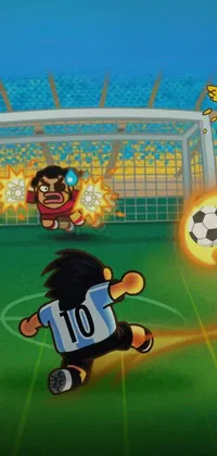 This is a vibrant live wallpaper that features a cartoon soccer player kicking a ball on a fiery background