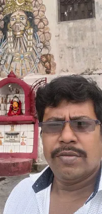 This live phone wallpaper features a man standing in front of a building, with a picture of a Hindu temple and a bust of Jesus Christ also appearing on the screen