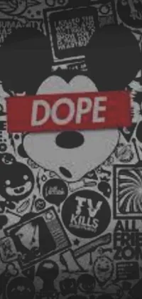 This phone live wallpaper depicts a close-up of the iconic Disney character Mickey Mouse amidst a fun and playful pattern of repeating text