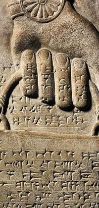 This live phone wallpaper showcases a beautiful digital rendering of a Mesopotamian stone plaque with intricate writing etched into it