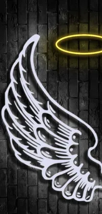 This phone live wallpaper depicts a beautifully rendered neon angel with white wings and a glowing halo, set against a backdrop of gritty brick walls