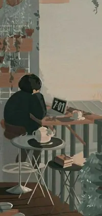 This live phone wallpaper features a fresh and cozy scene of a person sitting at a table with their laptop, tumblr and digital paintings on the wall