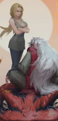 This live wallpaper is a fantastical image featuring a woman standing atop a giant creature resembling a dragon-bird hybrid, accompanied by a man in a suit with a wolf on his back