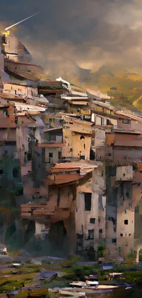 This live wallpaper showcases a stunning painting featuring a medieval village perched on a hill in Italy